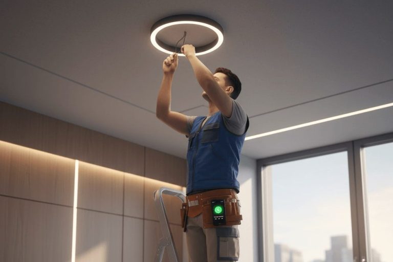 Handwerker auf Leiter nutzt KI Telefonassistent